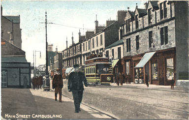 Main Street opposite junction at Bank Street, Ritz Cinema on left cira 1900 - Card dated 1904 - Printed for H.Lithgow, Stationer, Morriston Buildings, Cambuslang.